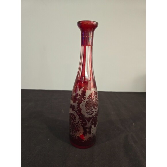 Bohemian Czech Ruby Red Hand Blown Cut to Clear Egermann-style Decanter w/ Label - Picture 2 of 9